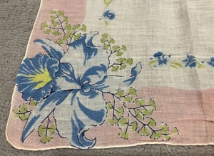 Pañuelo Damas Rosa Borde Azul Flores Borde Enrollado Algodón 13 pulgadas De Colección - Imagen 1 de 7