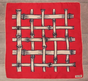 VTG 60s Red & Cream Jaques Piaget Interlace Bamboo Image Scarf 1960s Hand Rolled - Picture 1 of 9