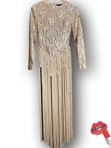 BOOHOO Rachel Bodysuit Womens Size 4 Gold Sequin Fringe Shorts Playsuit Romper - Picture 1 of 23