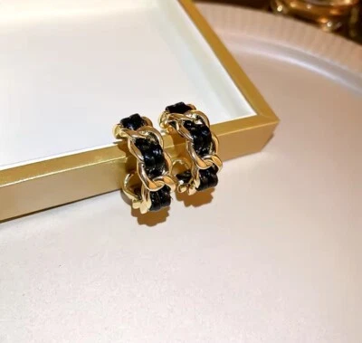 Black-Gold Chain Luxury Hoop-Leather Twist Elegant Earrings - Image 1 of 4