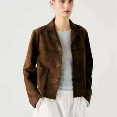 Abrigo de cuero de gamuza marrón oscuro para mujer 100 % cuero genuino hecho a mano NUEVO Foto 1 de 4