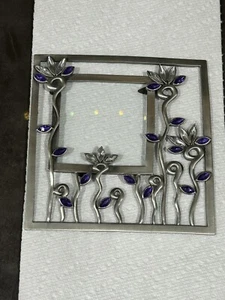 Small Metal Frame Silver Tone Purple Jewel Rhinestones Frame 4x4 - Picture 1 of 5