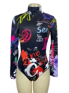 Fashion Nova Womens Graffiti Print Long Sleeve Bodysuit Vibrant Multicolor Size  - Picture 1 of 6