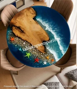 Mesa de comedor Ocean Blue Epoxy River - Mesa de resina de madera con borde vivo - Mesa hecha a mano - Imagen 1 de 11