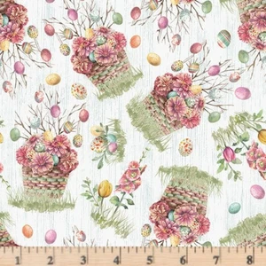 Easter Wishes Floral Easter Baskets  3795-01 Cotton Fabric By half yard - Picture 1 of 3