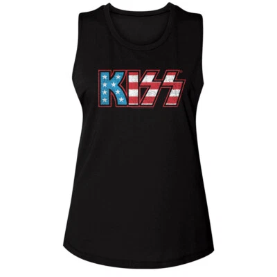Kiss USA Flag Stars & Stripes Band Logo Women's Muscle Tank T Shirt Rock Merch - Image 1 of 3