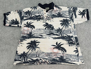 Hawaiian Polo Shirt Men  XL Beige Black Floral Tropical Palm Island Ribbed