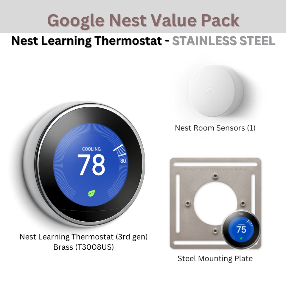 VALUE PACK: Nest Learning Thermostat 3rd gen + 1x Room Sensor + Mounting Plate - Image 1 of 4