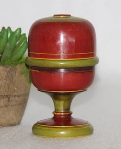 Old Wooden Green & Red Lacquer Handpainted Unique Shape Tikka Box Original 13939 - Picture 1 of 9