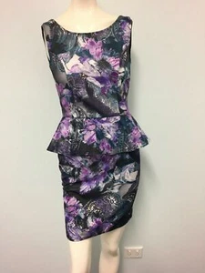 Boohoo Dress Size 10 Black Purple Floral Cross Back Peplum Sleeveless Stretch - Picture 1 of 12