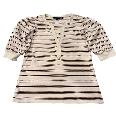 Veronica Beard Jeans Amity Rib-Knit Puff Sleeve Top Parchment Cognac Striped LGE - Image 1 of 4