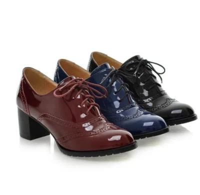 Ladies Oxford Pointy Toe Brogues Lace Up Patent Leather Block Heels Shoes Size - Image 1 of 4