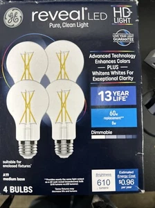 A-6. GE 60W Reveal LED A19 4 Pack Light Bulbs - Dimmable - 610 Lumens - Picture 1 of 3