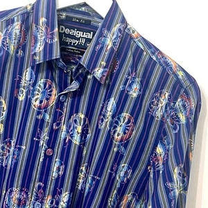 Desigual Shirt Size Medium M Long Sleeve Mens Blue Gold Orange Yellow Slim Fit - Picture 1 of 11