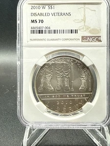 2010 W NGC MS70 Silver 1oz Dollar Disabled Veterans Uncirculated UNC Silver Coin - Picture 1 of 4