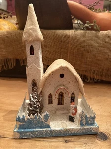 Große Japan Putz Kirche seltene Weihnachtsmann Figur Haus Glimmer Baumwolldach - Bild 1 von 12