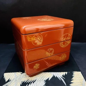 Wajima Nuri Lacca Jubako Scatola 3 Livelli Oro Maki-e Legno Rosso con Scatola - Foto 1 di 12