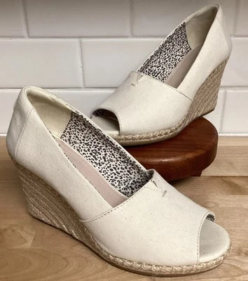 Toms Michelle 帆布 Espadrille 露趾楔形鞋跟浅口燕麦象牙色鞋 8 码 — 第 1/4 张图片