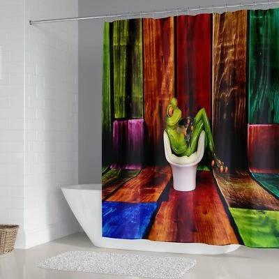 Colorida Puerta Madera Baño Ducha Cortina Divertida Rana Poliéster Impermeable Foto 1 de 4