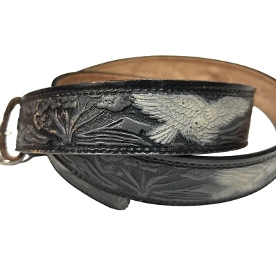 Cinturón de Vaquero Copas de Árboles Western Silver Eagle Soaring Cuero TOOLED Negro Años 70 De Colección Foto 1 de 4