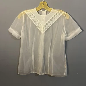 Lee Mar 100% Nylon Blouse White Sheer Embroidery Back Buttons See Desp Size - Picture 1 of 9
