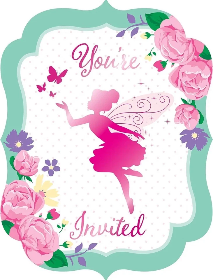 Floral Fairy Sparkle Pink Pixie Girl Kids Birthday Party Invitations w/Envelopes - Image 1 of 1