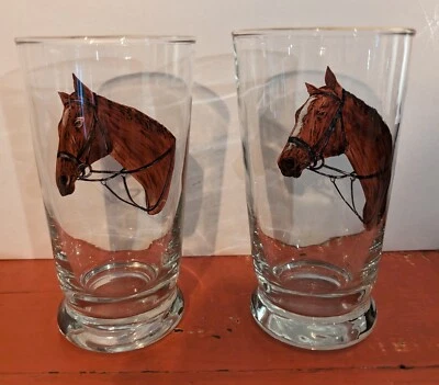 Vasos de bar Highball de caballo ecuestre vintage MCM (2) pintados a mano años 50-60  Foto 1 de 4