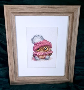 Finished Framed Cross Stitch Picture Lovely Funny Owl Winter Hat Gift - Picture 1 of 4