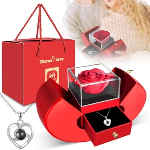 Ewige Rose Geschenkbox Rosenbox mit Herz Halskette Valentinstag Schmuck Geschenk - Bild 1 von 15