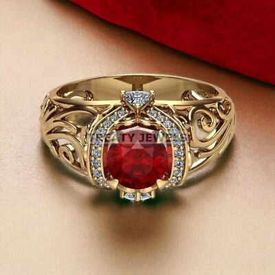 Ruby Round Cut With 925 Sterling Silver Gold Plated Ring For Men's #A53 - Image 1 of 4
