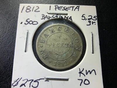 Barcelona Spain 1 Peseta Silver Coin 1812 - #K89 - Image 1 of 2