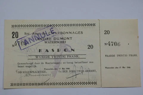 BANKNOTE BELGIUM 1940 CHARBONNAGES CANCELLED 20 FRANCS SCARCE B21 BEL90 Cover