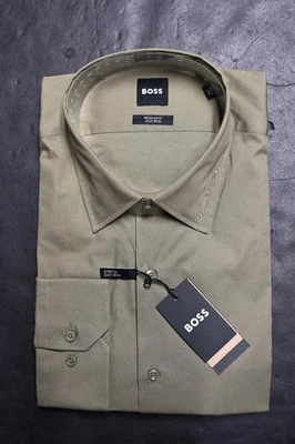 HUGO BOSS Hombre Joe Fácil Hierro Corte Normal Algodón Elástico Verde Camisa 44 - Imagen 1 de 4