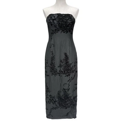 ADRIANNA PAPELL VTG 90s Black Silk Blend Beaded Velvet Floral Formal Prom Gown - Image 1 of 4