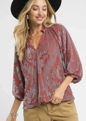 Umgee Women's Velvet Damask Floral Print V-Neck 3/4 Sleeve Top in Dusty Rose - Image 1 of 4