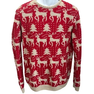 ASOS Mens Christmas Sweater Reindeer Tree Pattern Red Beige Large - Picture 1 of 4