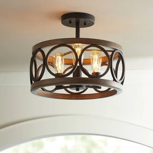 Salima Rustic Ceiling Light Semi Flush Mount Fixture 16" Black Wood 3-Light LED - Picture 1 of 8