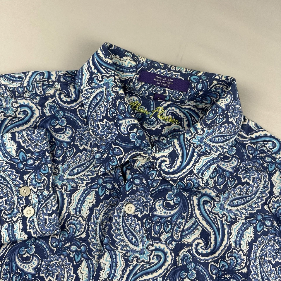 Camisa Alan River Para Hombres XL Manga Larga Con Botones Algodón Paisley Azul AOP Foto 1 de 4