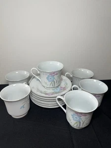 12 Pcs Bone China 6 Cups & 6 Saucers Set White & Colourful Floral Design +Handle - Picture 1 of 21