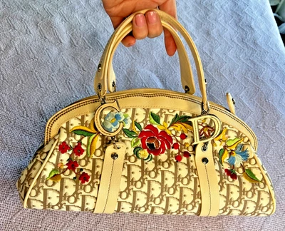 Vtg Christian Dior Trotter Monogram Floral Embroidered Boston Satchel Bag Beige - Image 1 of 4