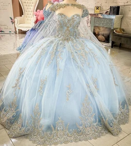 Sky Blue Quinceanera Dresses With Cape Sweet 16 Glitter Princess Ball Gowns - Picture 1 of 7