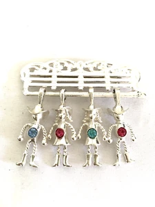 Vintage Hanging Cowboy Bar Brooch Silver Tone Brick Teal Blue - Picture 1 of 2