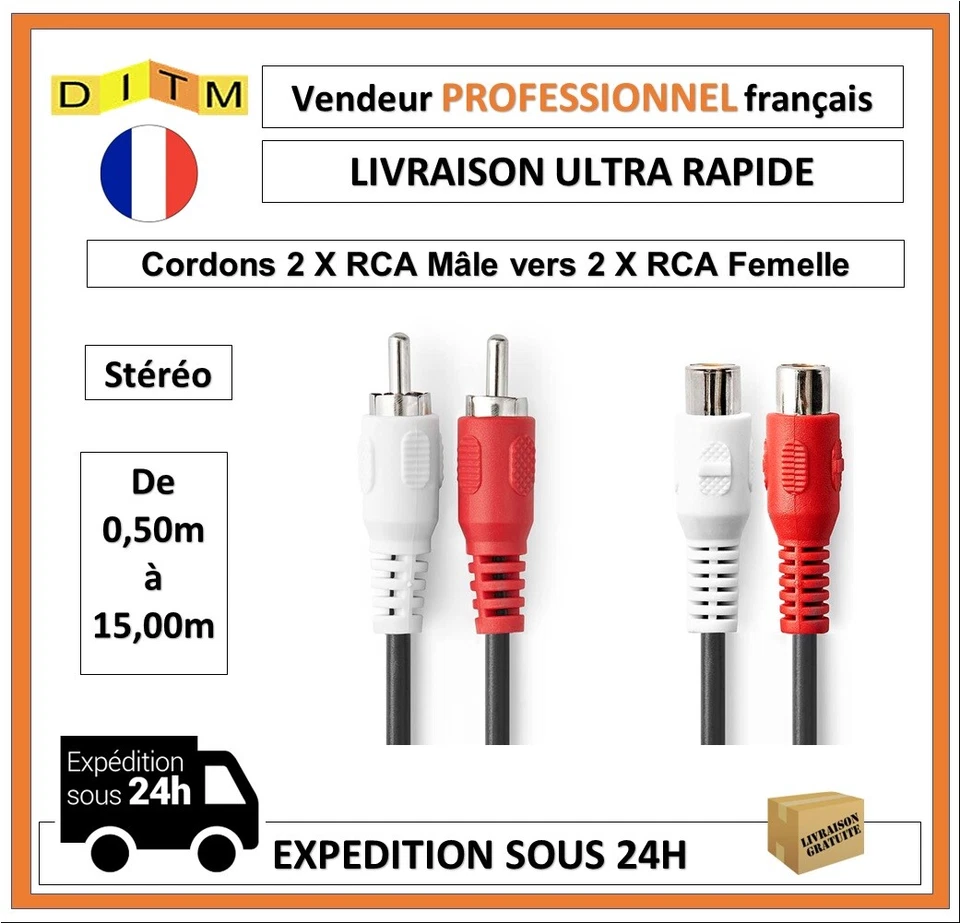 NEDIS Câble rallonge audio stéréo 2x RCA Mâle / 2x RCA Femelle / Rond / Noir