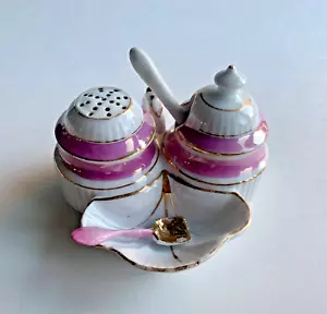 Lusterware Pink & White Condiment Set: Salt Pepper Mustard Pot Spoon Caddy Vtg - Picture 1 of 14