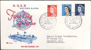 Estampilla australiana 5c 1967 roja y azul QE II definitiva dirigida real FDC, GC - Imagen 1 de 1
