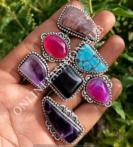 Turquoise & Mix Gemstone 925 Sterling Silver Plated Wholesale Fancy Rings Lot - Picture 1 of 3