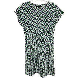 Banana Republic Women Dress Geometric Blue Green Cap Sleeve Fit And Flare Midi 2 - Picture 1 of 8