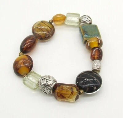 Gold/Amber Swirl Venetian/Aqua Ceramic/Silver Core Glass Bead Stretch Bracelet - Image 1 of 3