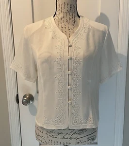 Camicetta semi trasparente Worthington top bottoni davanti beige ricamo donna taglia 10P - Foto 1 di 8