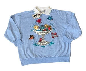NWT Basic Editions Sweatshirt Womens Plus 1X Blue Collared Pullover With Birds - Picture 1 of 3